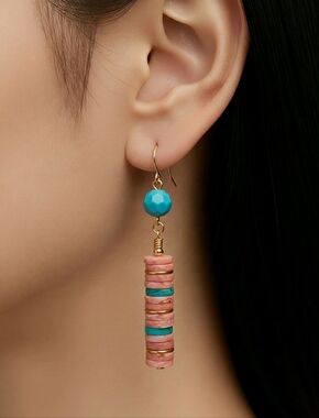 Handmade Turquoise Crystal and Stacked Gold and Coral Beads